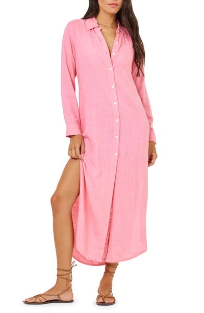 Shop L*space Presley Long Sleeve Cover-up Shirtdress In Guava