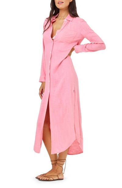 Shop L*space Presley Long Sleeve Cover-up Shirtdress In Guava