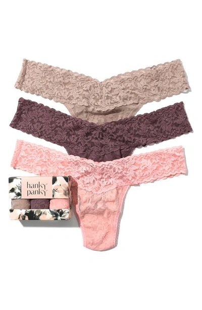 Shop Hanky Panky Assorted 3-pack Low Rise Thongs In Taupe/ Dusk/ Rosewater Pink