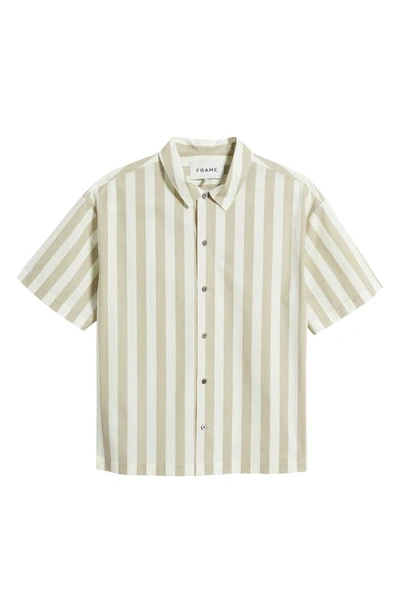 Frame Printed Button Front Short Sleeve Camp Shirt In Smoke Beige Stripe