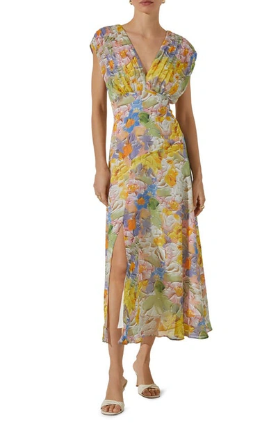 Shop Astr Floral Pleated Bodice Midi Dress In Cream Multi Floral Abstract