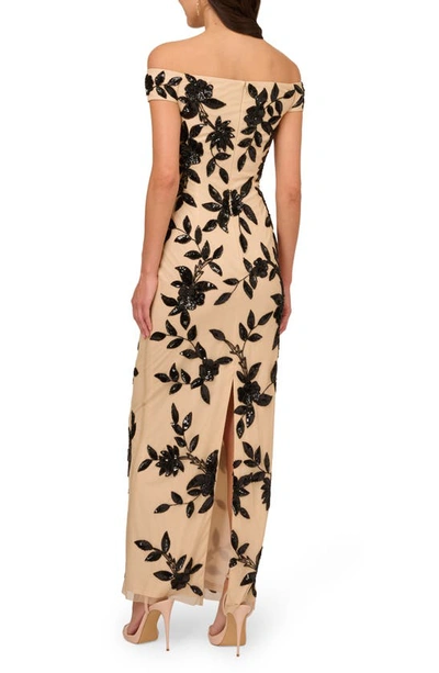 Shop Adrianna Papell Beaded Off The Shoulder Mesh Column Gown In Beige/ Black