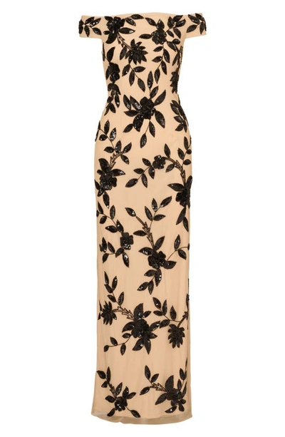 Shop Adrianna Papell Beaded Off The Shoulder Mesh Column Gown In Beige/ Black
