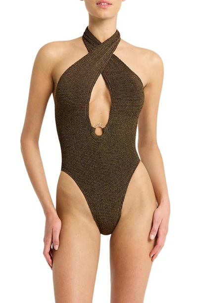 Shop Bondeye Tatiana Metallic Plunge One-piece Swimsuit In Cocoa Lurex