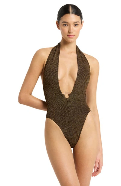 Shop Bondeye Tatiana Metallic Plunge One-piece Swimsuit In Cocoa Lurex