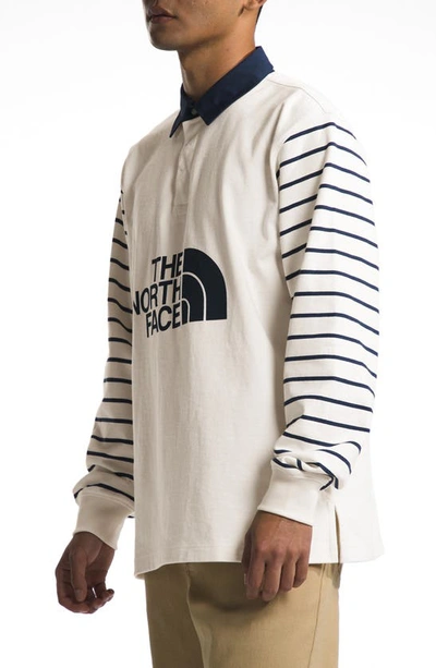 Shop The North Face Cotton Graphic Rugby Shirt In White Dune Window Blind Stripe
