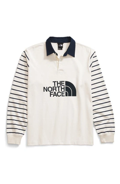 Shop The North Face Cotton Graphic Rugby Shirt In White Dune Window Blind Stripe