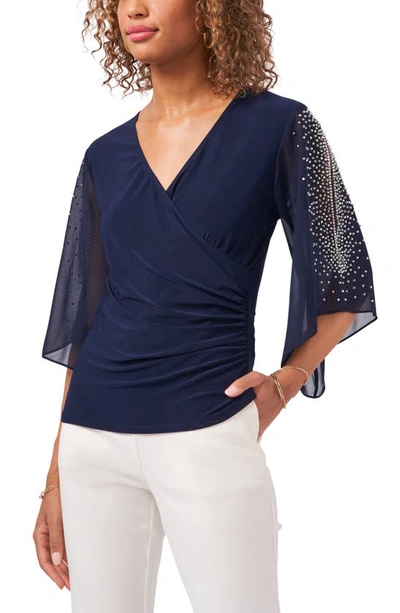 Shop Chaus Beaded Sleeve Surplice Knit Top In Navy