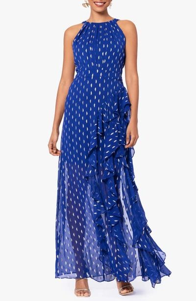 Shop Betsy & Adam Ruffle Metallic Chiffon Gown In Light Navy/ Gold