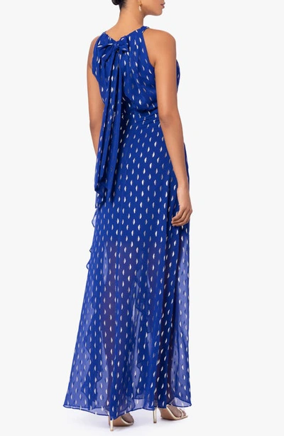 Shop Betsy & Adam Ruffle Metallic Chiffon Gown In Light Navy/ Gold