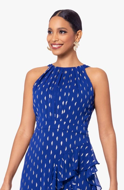 Betsy & Adam Ruffle Metallic Chiffon Gown In Light Navy/ Gold