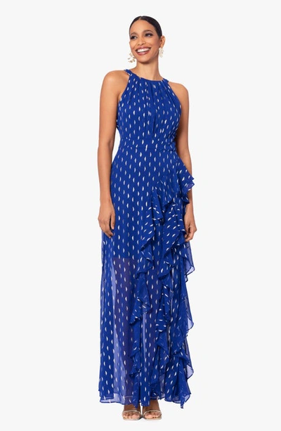 Betsy & Adam Ruffle Metallic Chiffon Gown In Light Navy/ Gold