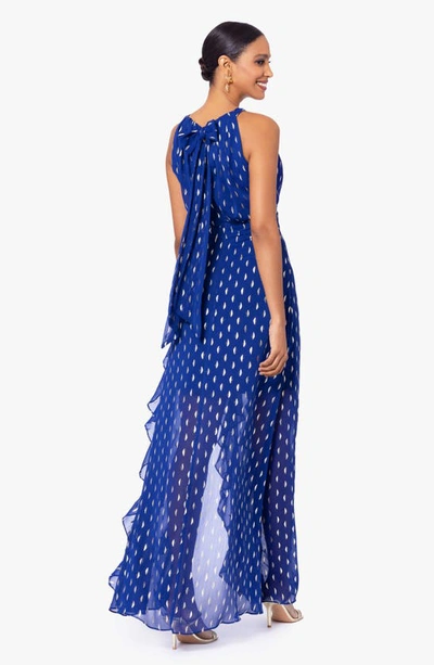 Betsy & Adam Ruffle Metallic Chiffon Gown In Light Navy/ Gold