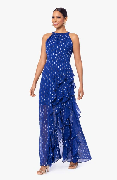 Betsy & Adam Ruffle Metallic Chiffon Gown In Light Navy/ Gold