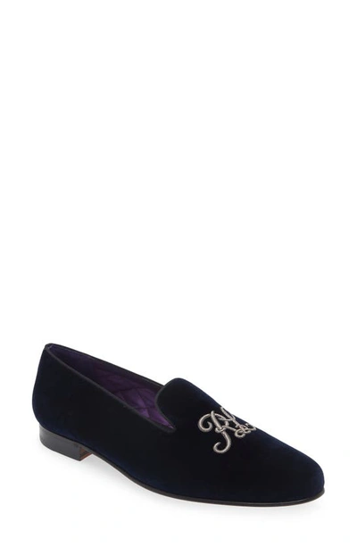 Shop Ralph Lauren Purple Label Alonzo Monogram Velvet Loafer In Navy/ Silver