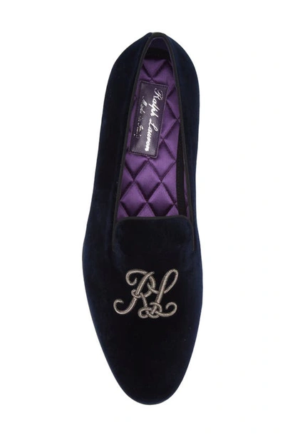 Shop Ralph Lauren Purple Label Alonzo Monogram Velvet Loafer In Navy/ Silver