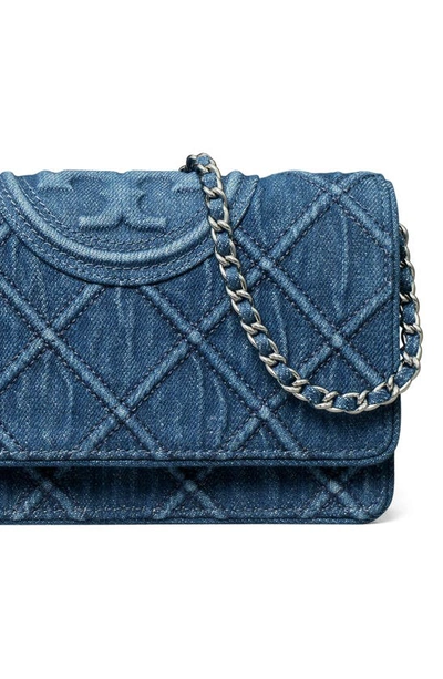 Tory Burch Fleming Soft Denim Wallet On A Chain In Denim