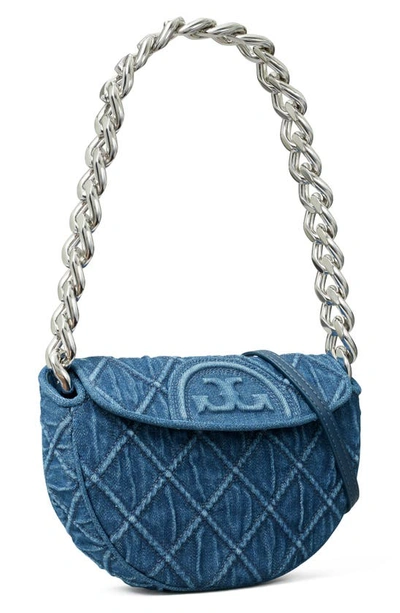 Tory Burch Mini Fleming Soft Denim Crescent Bag In Denim
