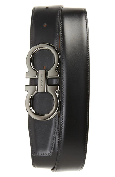 Ferragamo Men's Double Adjustable Leather Gancini Belt In New Vicuna Nero