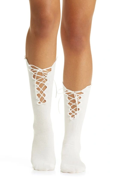 Shop Casa Clara Lacey Lace-up Crew Socks In White