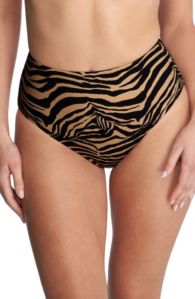 Shop Natori Reversible High Waist Bikini Bottoms In Camel Zebra / Poinsettia