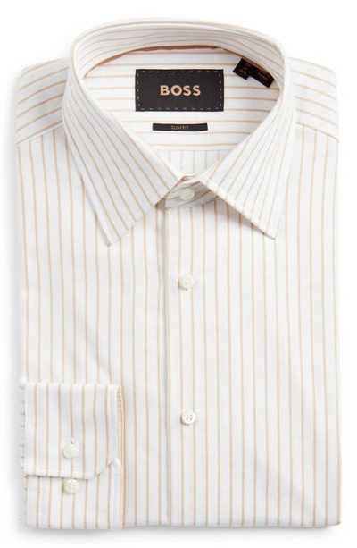 Shop Boss Camel Hays Kent Slim Fit Stripe Cotton Dress Shirt In Medium Beige