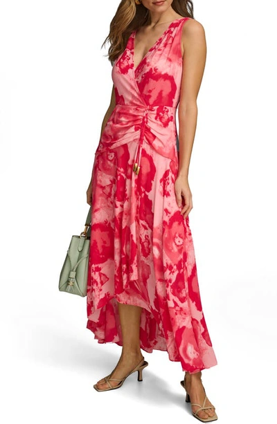 Shop Donna Karan Floral Wrap Front Midi Dress In Rose Quartz Multi