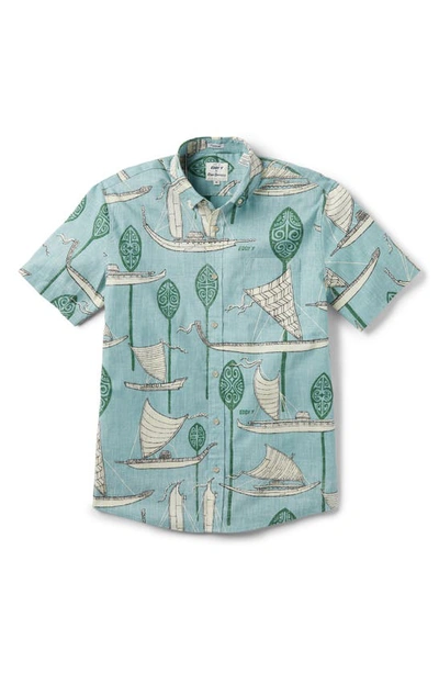 Shop Reyn Spooner X Eddy Y South Pacific Voyagers Short Sleeve Button-down Shirt In Aquifer