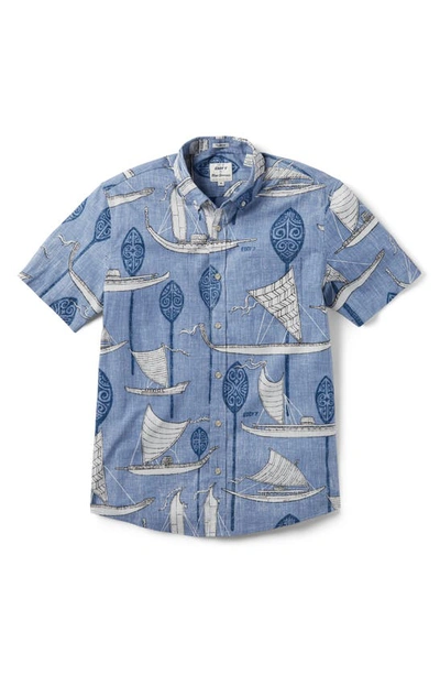 Shop Reyn Spooner X Eddy Y South Pacific Voyagers Short Sleeve Button-down Shirt In Infinity Blue