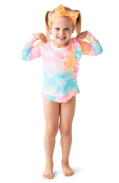 Shop Rufflebutts Kids' Rainbow Tie Dye Long Sleeve Two-piece Rashguard Swimsuit In Orange Multi