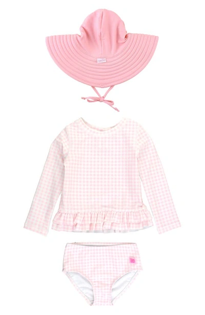 Shop Rufflebutts Kids' Gingham Ruffle Long Sleeve Two-piece Rashguard Swimsuit & Hat Set In Pink