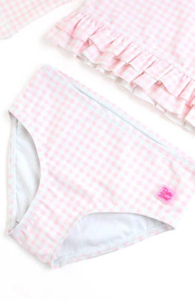 Shop Rufflebutts Kids' Gingham Ruffle Long Sleeve Two-piece Rashguard Swimsuit & Hat Set In Pink