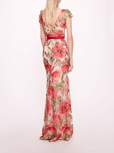 Shop Marchesa Embroidered Boat Neck Gown In Red Pink