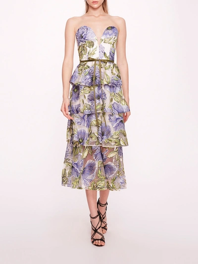 Shop Marchesa Embroidered Plunging Midi Dress In Blue White