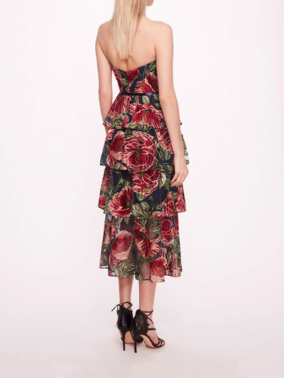 Shop Marchesa Embroidered Plunging Midi Dress In Navy Red
