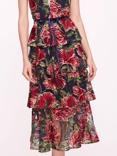 Shop Marchesa Embroidered Plunging Midi Dress In Navy Red