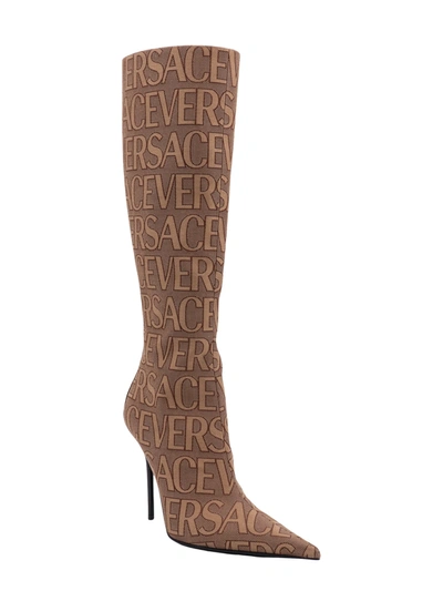 Shop Versace Canvas Boots With All-over Logo