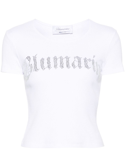 Shop Blumarine White Rhinestone Embellished Cotton T-shirt