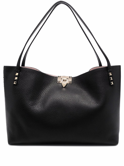 Shop Valentino Black Rockstud Medium Leather Tote Bag