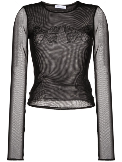 Shop Blumarine Black Butterfly-embroidered Mesh Top