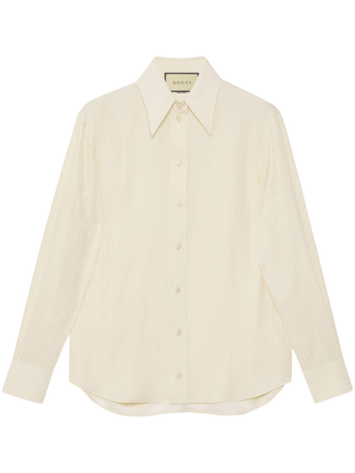 Shop Gucci White Horsebit-jacquard Silk Shirt In Neutrals