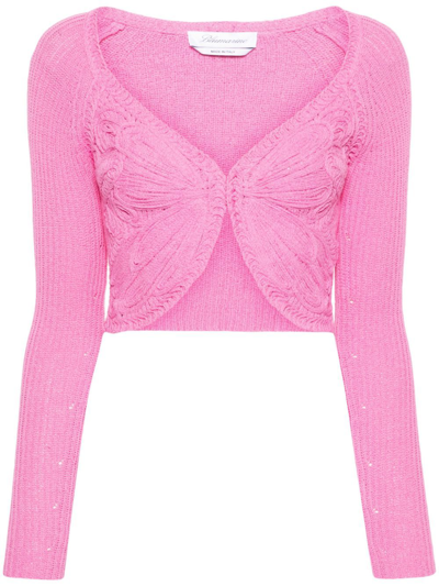 Shop Blumarine Pink Butterfly-embroidered Cropped Cardigan