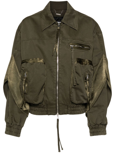 Shop Blumarine Green Satin-panelled Cotton Bomber Jacket