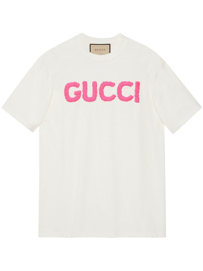 Shop Gucci White Logo-embroidered Cotton T-shirt
