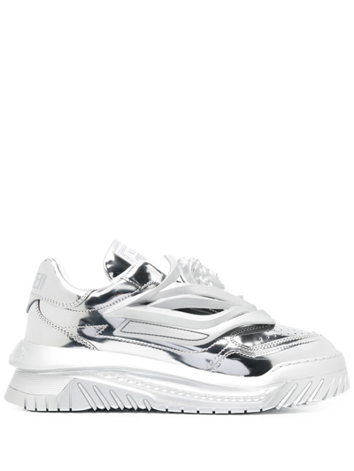 Shop Versace Silver Odissea Laminated-leather Sneakers In Grey