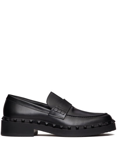 Shop Valentino Black Rockstud Leather Loafers