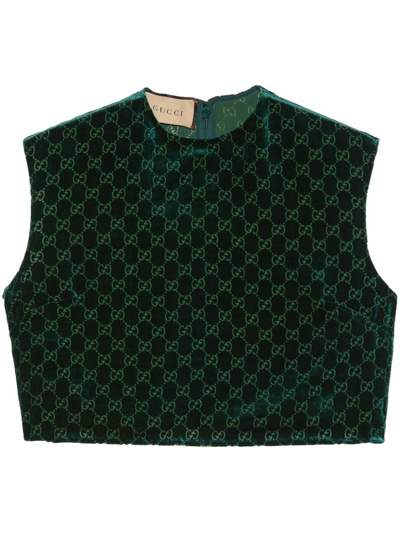 Shop Gucci Green Gg-jacquard Velvet Top