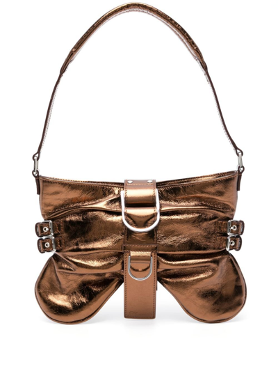 Shop Blumarine Bronze-tone Butterfly Leather Bag In Brown