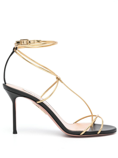Shop Aquazzura Black Roman Romance 85mm Sandals In Gold