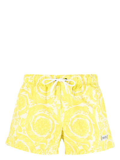 Shop Versace Yellow Barocco-print Swim Shorts